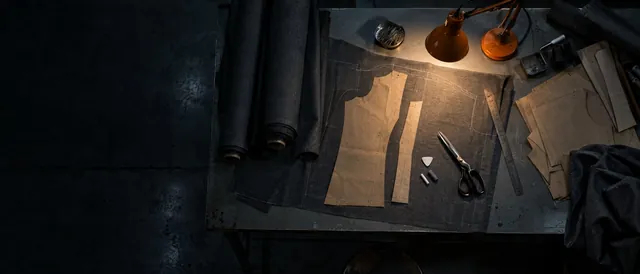 A pattern cutting table with shears and paper patterns