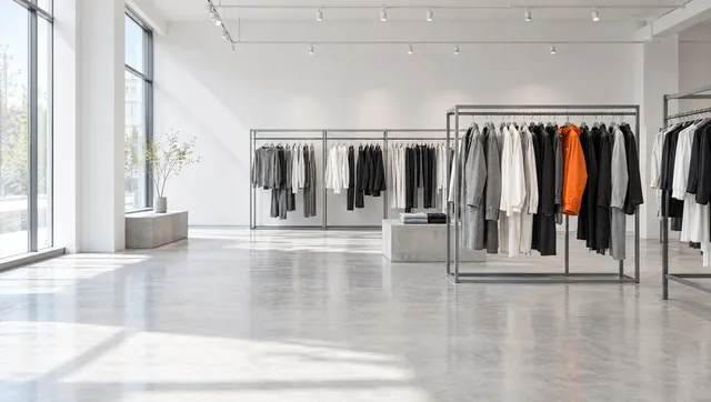 A bright apparel showroom with garment rails