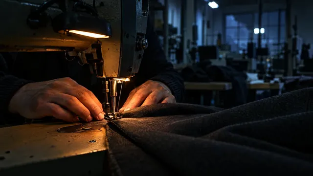 Hands guiding fabric through a sewing machine under a warm light