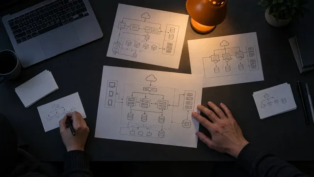 Hands mapping connected work on a planning table