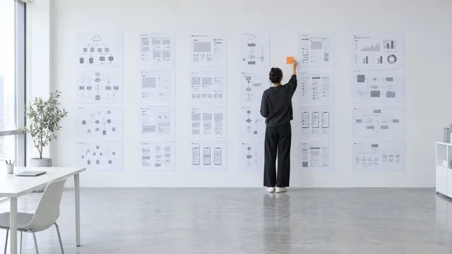 A person pinning plans to a wall of printed diagrams in a bright studio
