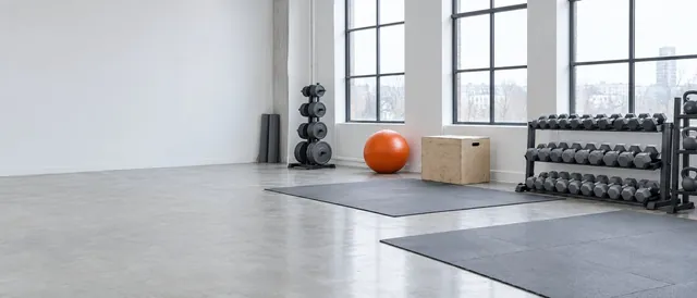 A bright movement studio with mats, weights and one orange ball
