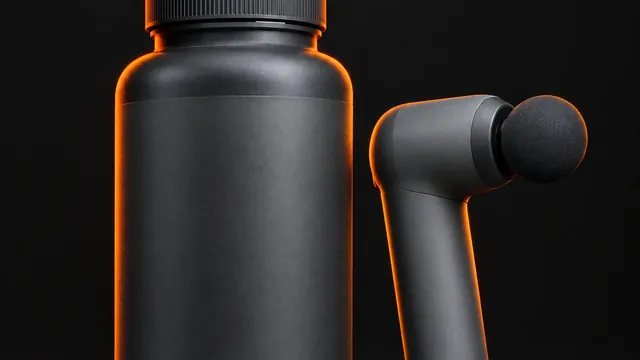 An unbranded supplement bottle and massage device on a dark backdrop