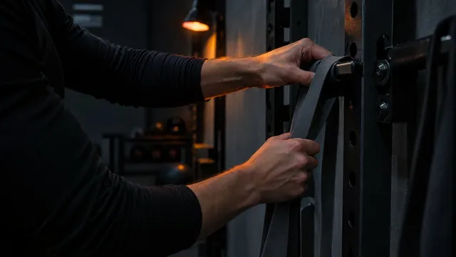 Hands adjusting a strap on a training rig under a warm light