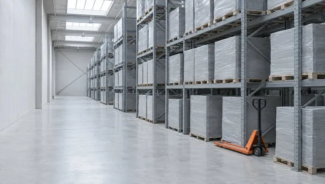 A bright warehouse aisle with racked pallets and an orange pallet jack