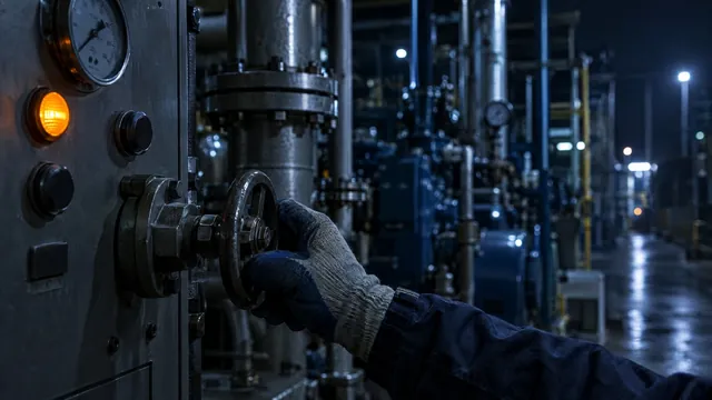 A gloved hand turning a valve in an industrial plant