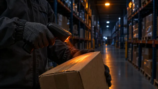 A worker scanning a carton in a warehouse aisle at night