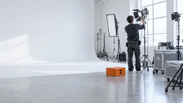 A photographer setting up lights in a bright white studio