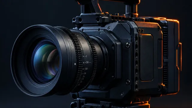 A cinema camera on a dark backdrop