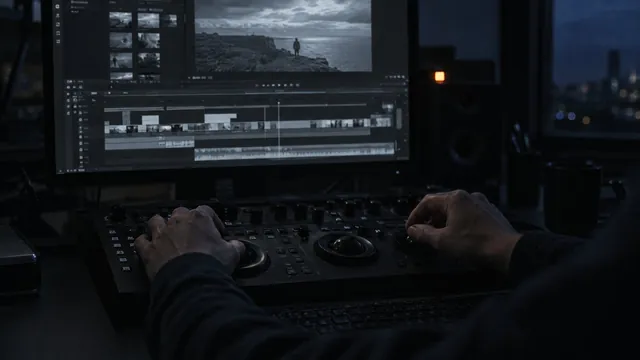 Hands at an editing console in front of a timeline