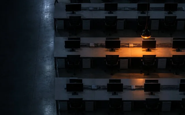 Overhead view of an operations floor at night with one lit row of desks