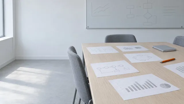 Printed charts and diagrams on a meeting table in a bright room