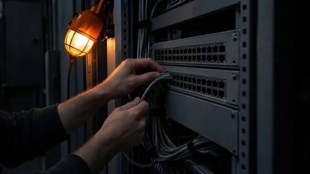 Hands connecting cables in a network rack under a warm light